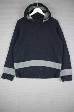 Sisley Made in Italy Hooded Knit Sweater Small Black Grey Stripe Chunky Pullover